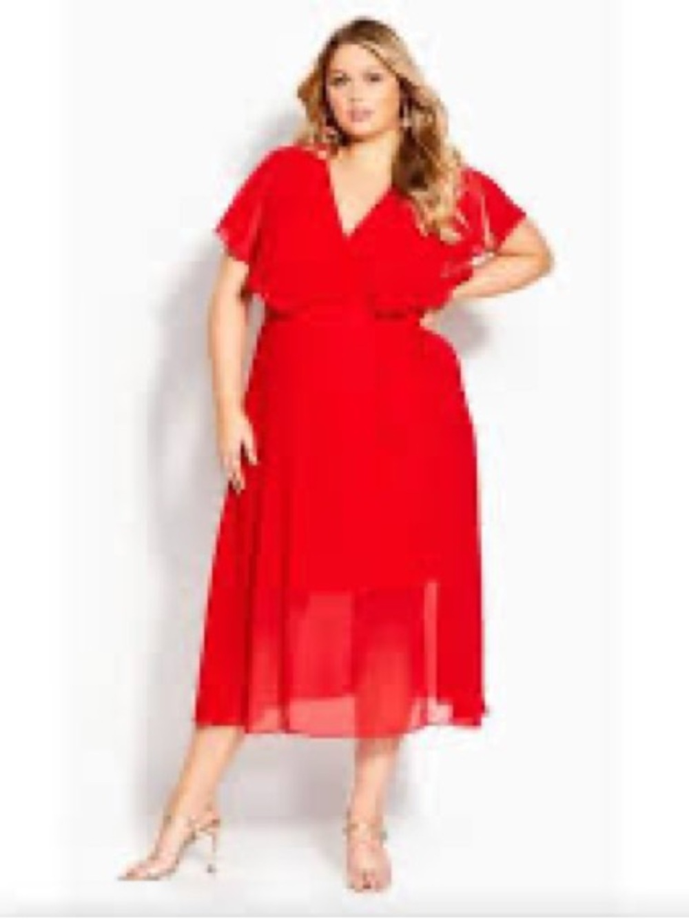 Avenue Red Asymmetrical Wrap Dress with Flutter Sleeves